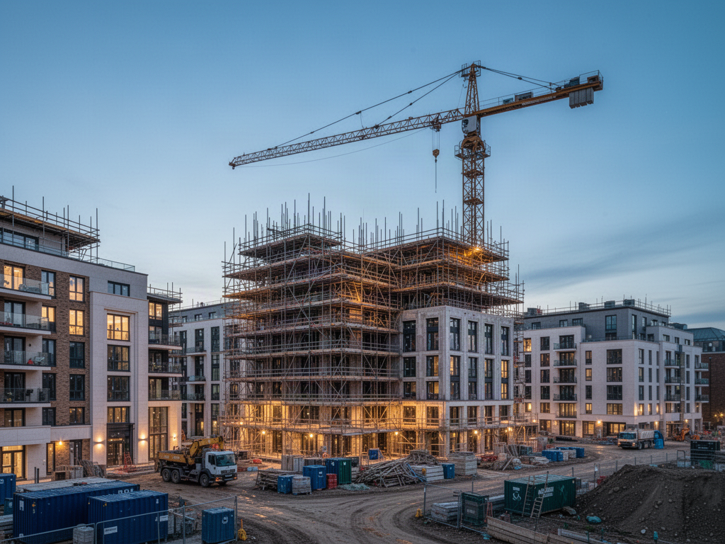 UK residential development construction site with crane and scaffolding